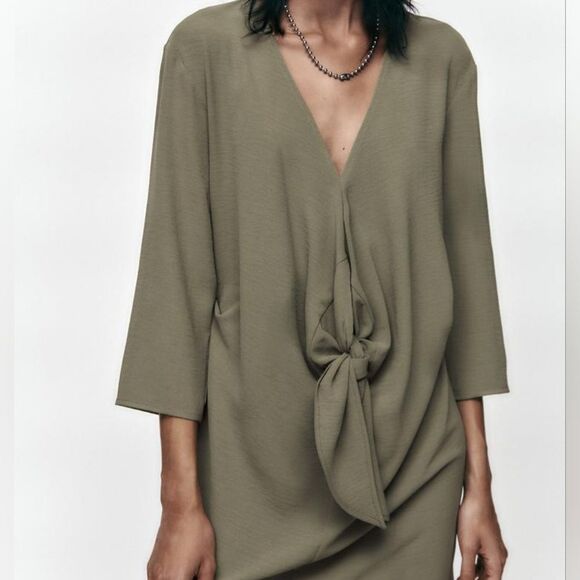 ZARA Fluid Knot Sage Green 3/4 Sleeve Draped Pleated Front Slit Midi Dress M - Picture 4 of 13